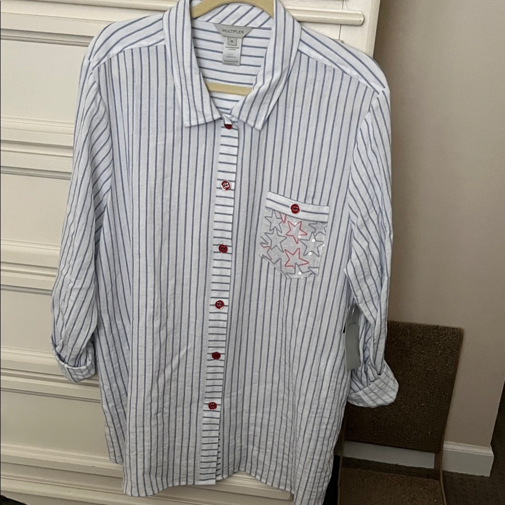 Multiples women’s Blue Striped Shirt with Red Buttons NWT